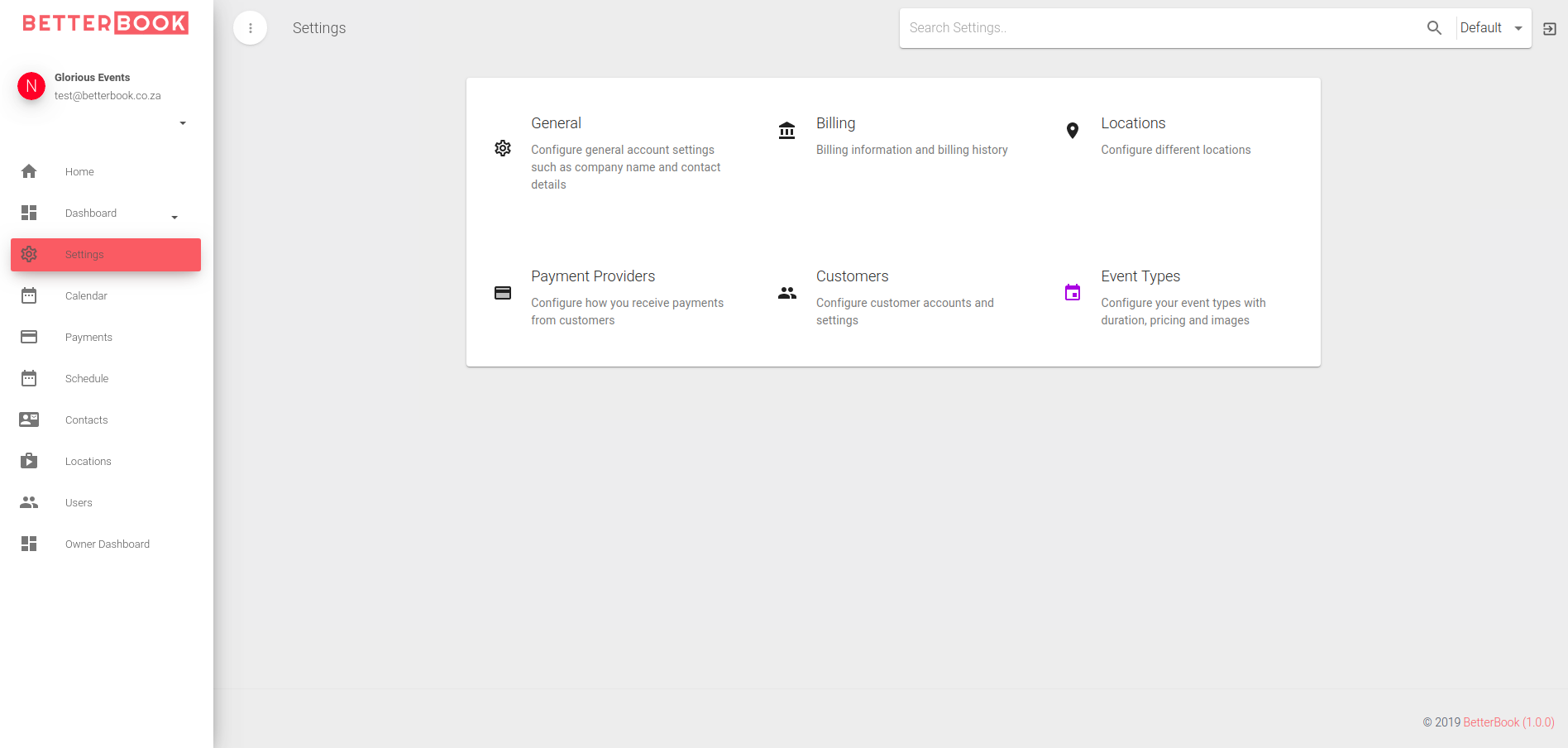 BetterBook Online booking system settings page